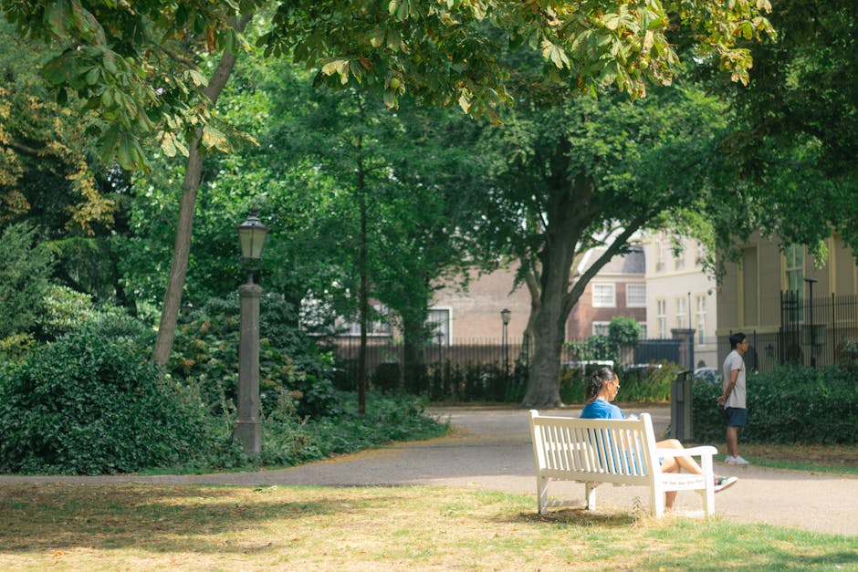 A woman with tied-back dark hair and wearing a blue top is seated on a white wooden park bench on a paved pathway, reading a book. To her right, a young girl with dark hair styled in a bun, wearing a white t-shirt and dark shorts, stands with her hands behind her back, observing the surroundings. The scene is set in a lush urban park with dense, green foliage, including large trees with broad leaves providing shade. A black lamppost with a classic design is positioned behind the woman, blending into the environment. In the background, residential buildings with light-colored facades and windows are partially visible through the trees, indicating a peaceful, well-maintained neighbourhood area. The overall atmosphere is calm and inviting, with natural sunlight filtering through the canopy, highlighting the textures of the leaves, the bark, and the weathered wood of the bench. This setting illustrates a typical park scene where individuals might make use of private or independent waste collection services such as those provided by Waste Collection Holland Park, especially for waste management tied to urban living areas.